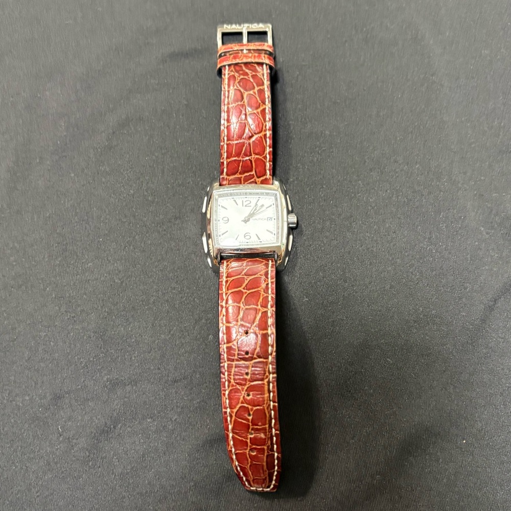 Nautica Silver Dial Watch with Crocodile Brown Strap - Picture 2 of 3